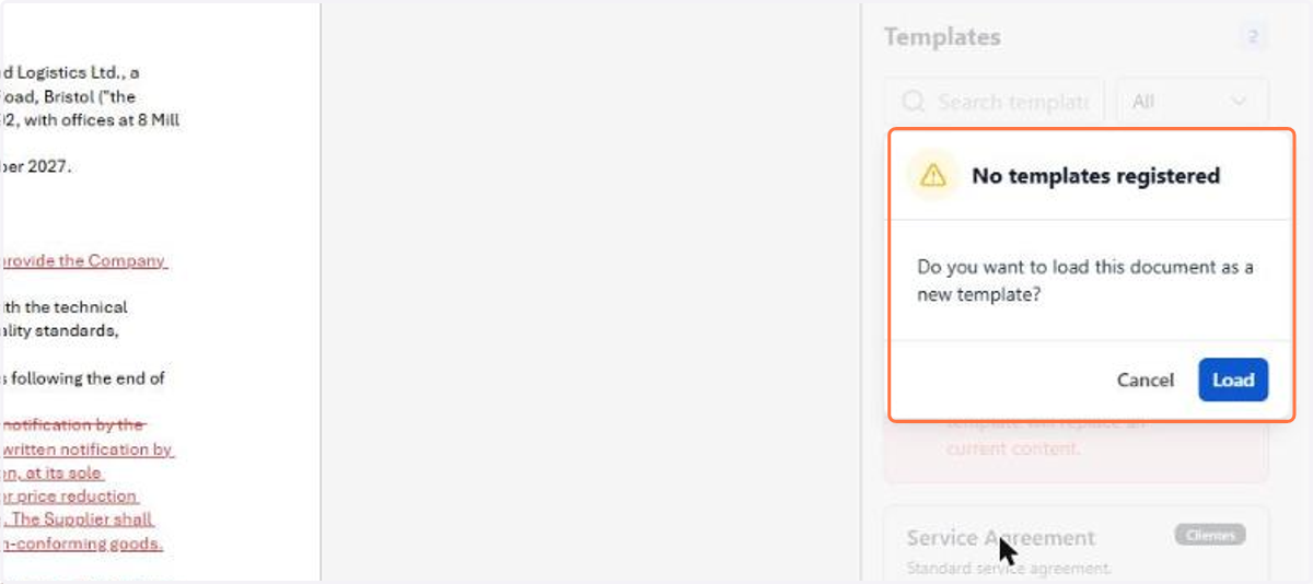 Click the template you have just created and confirm in Load: this is the step that sends the current document as the body of the template