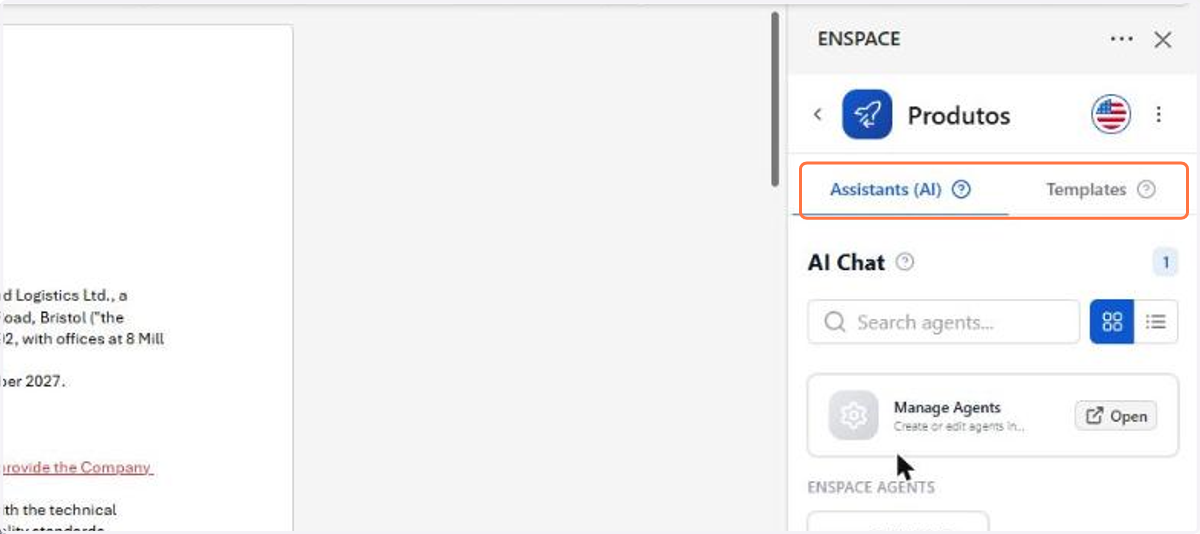 The Assistants (AI) tab gathers the workspace's AI agents, and the Templates tab, the document templates