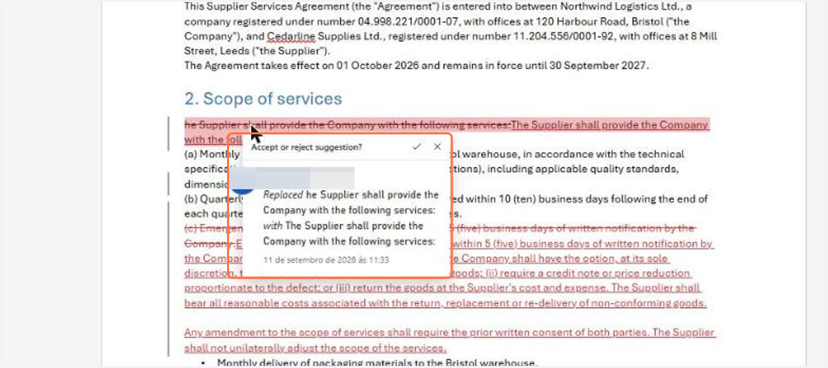 Click a suggested passage and Word opens the Accept or reject suggestion? card, with the text that was replaced, the new text and the accept and reject buttons right there