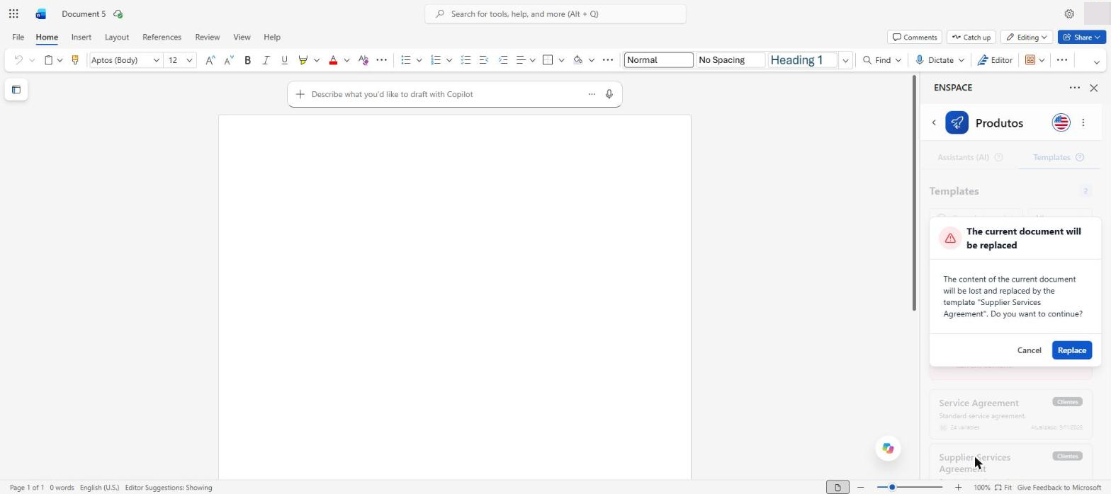 The plugin warns that the content of the current document will be lost and replaced by the chosen template. Confirm in Replace
