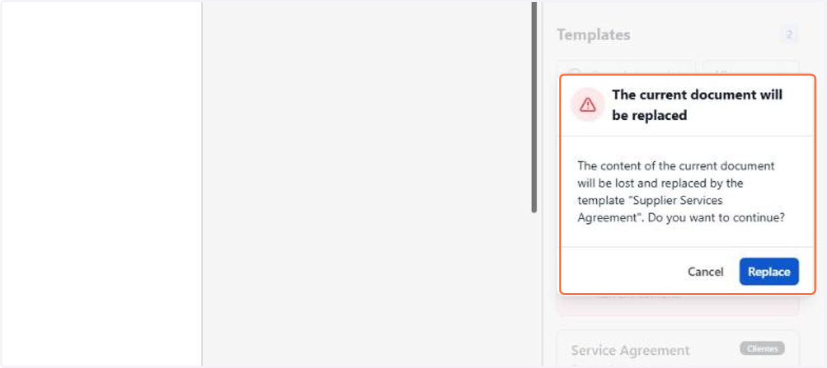 The plugin warns that the content of the current document will be lost and replaced by the chosen template. Confirm in Replace