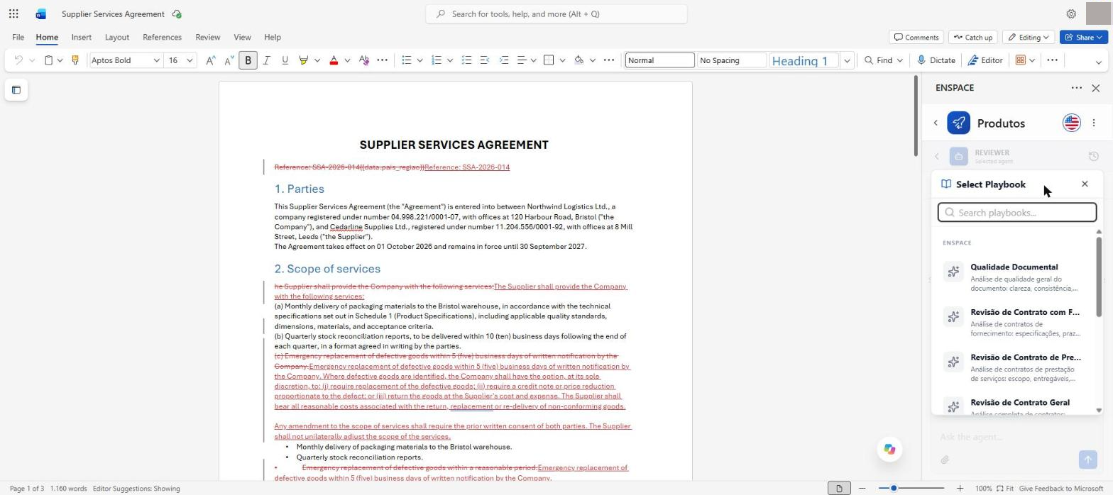 The native playbooks cover document quality, contracts, NDA, privacy policy and terms of use. Click the one that matches your document