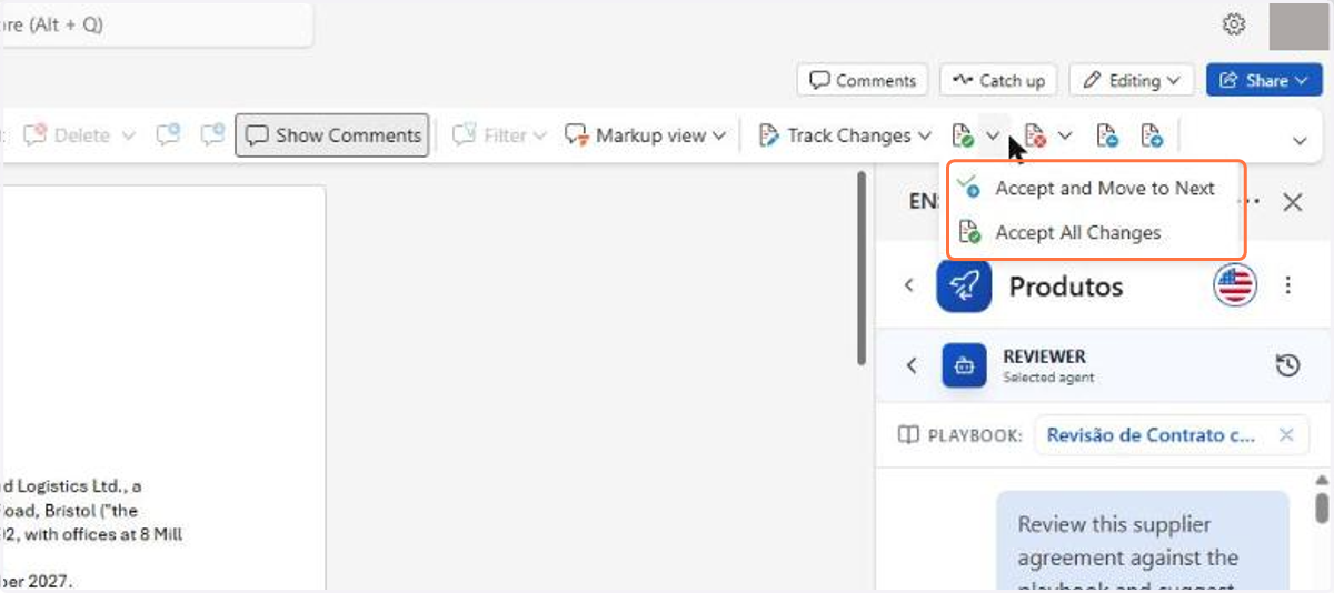 On the Review tab, the Accept button brings Accept and Move to Next, to decide suggestion by suggestion, and Accept All Changes. Next to it are Reject and the arrows that walk through the suggestions