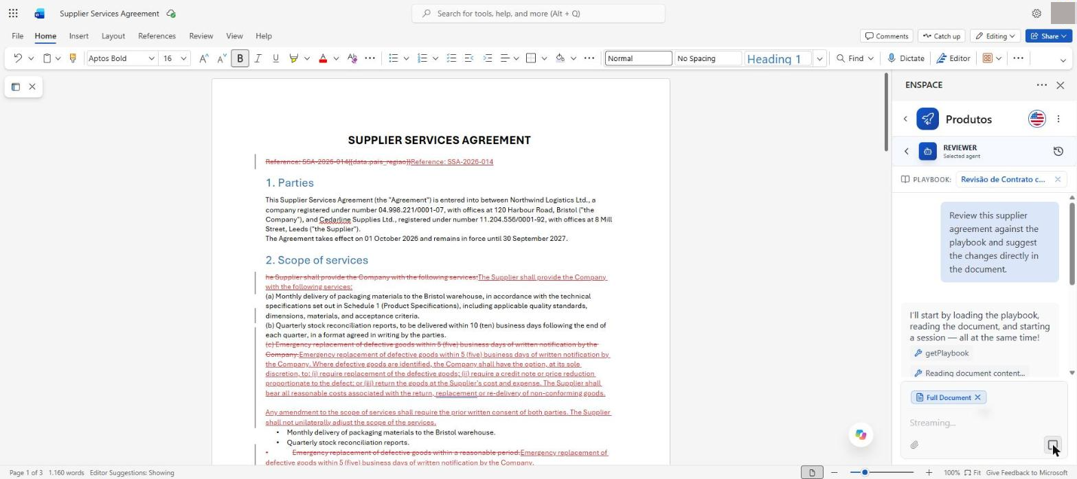 The chat follows the run while the agent reads the playbook and the document