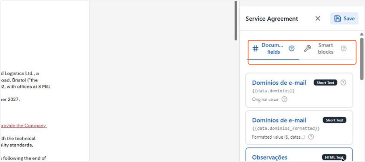 The template editor opens with two tabs: Document fields, for the variables, and Smart blocks, for the conditions and repetitions