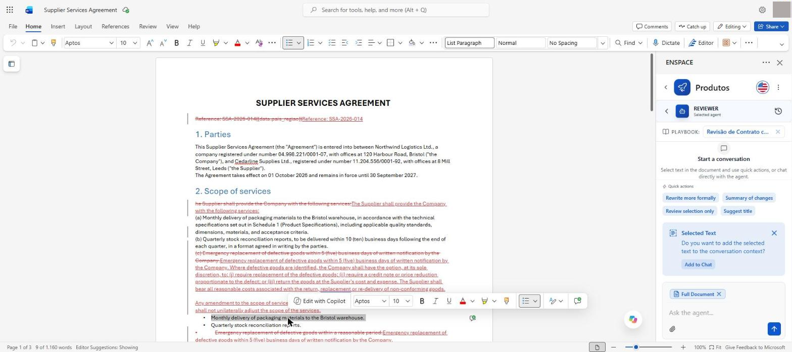 The Full Document chip indicates that the agent will read the whole document. When you select a passage, the panel offers Add to Chat, and the quick action Review selection only limits the review to what is marked