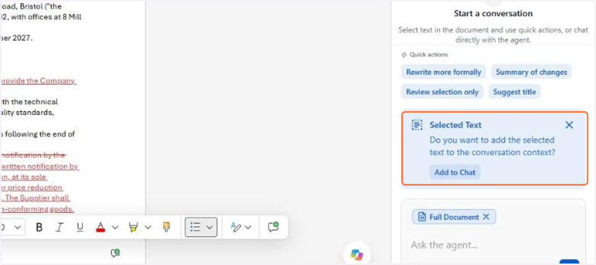 The Full Document chip indicates that the agent will read the whole document. When you select a passage, the panel offers Add to Chat, and the quick action Review selection only limits the review to what is marked