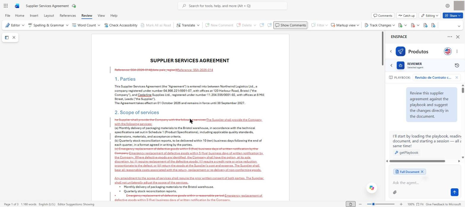When it finishes, Word opens the Review tab and the suggestions arrive as tracked changes: the replaced text is struck through and the new text underlined