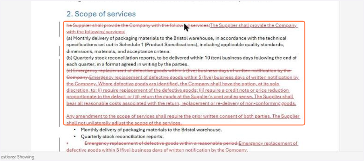 When it finishes, Word opens the Review tab and the suggestions arrive as tracked changes: the replaced text is struck through and the new text underlined