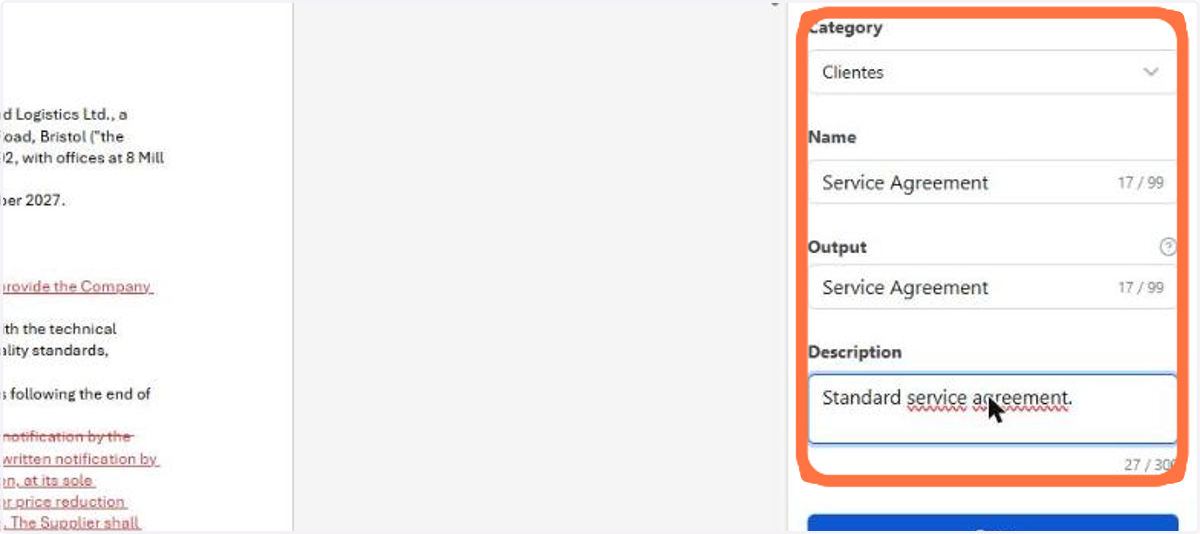 In Create Document Template, fill in the Category the template belongs to, the Name it appears under in the list, the Output, which is the name of the generated file, and an optional Description