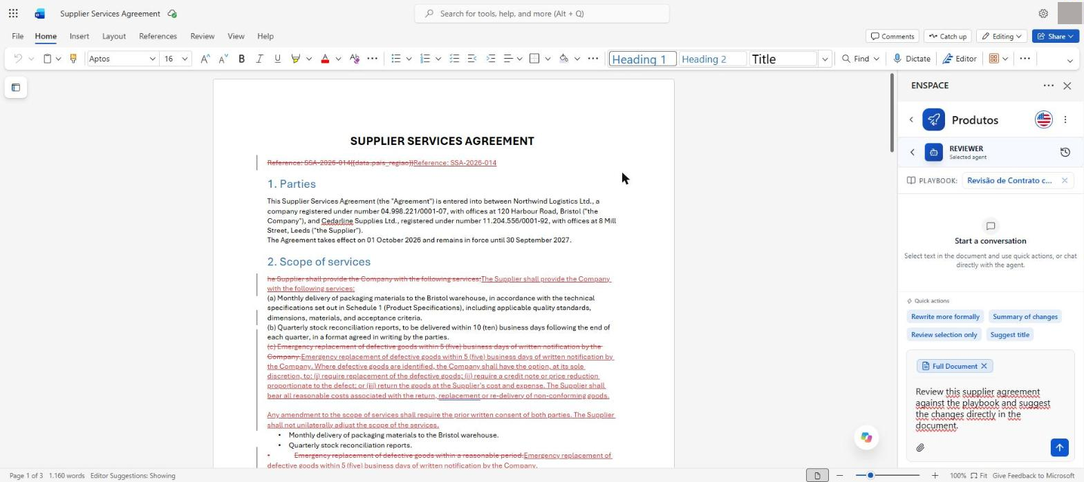 The quick actions bring ready-made instructions, and the Full Document chip shows what will be sent to the agent. Write your instruction and click send
