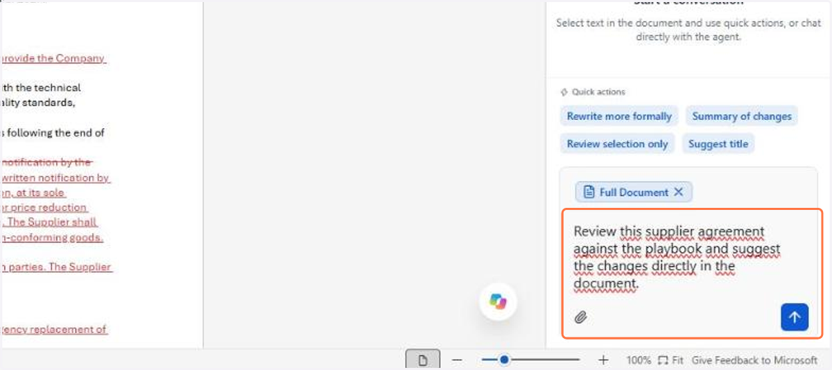 The quick actions bring ready-made instructions, and the Full Document chip shows what will be sent to the agent. Write your instruction and click send