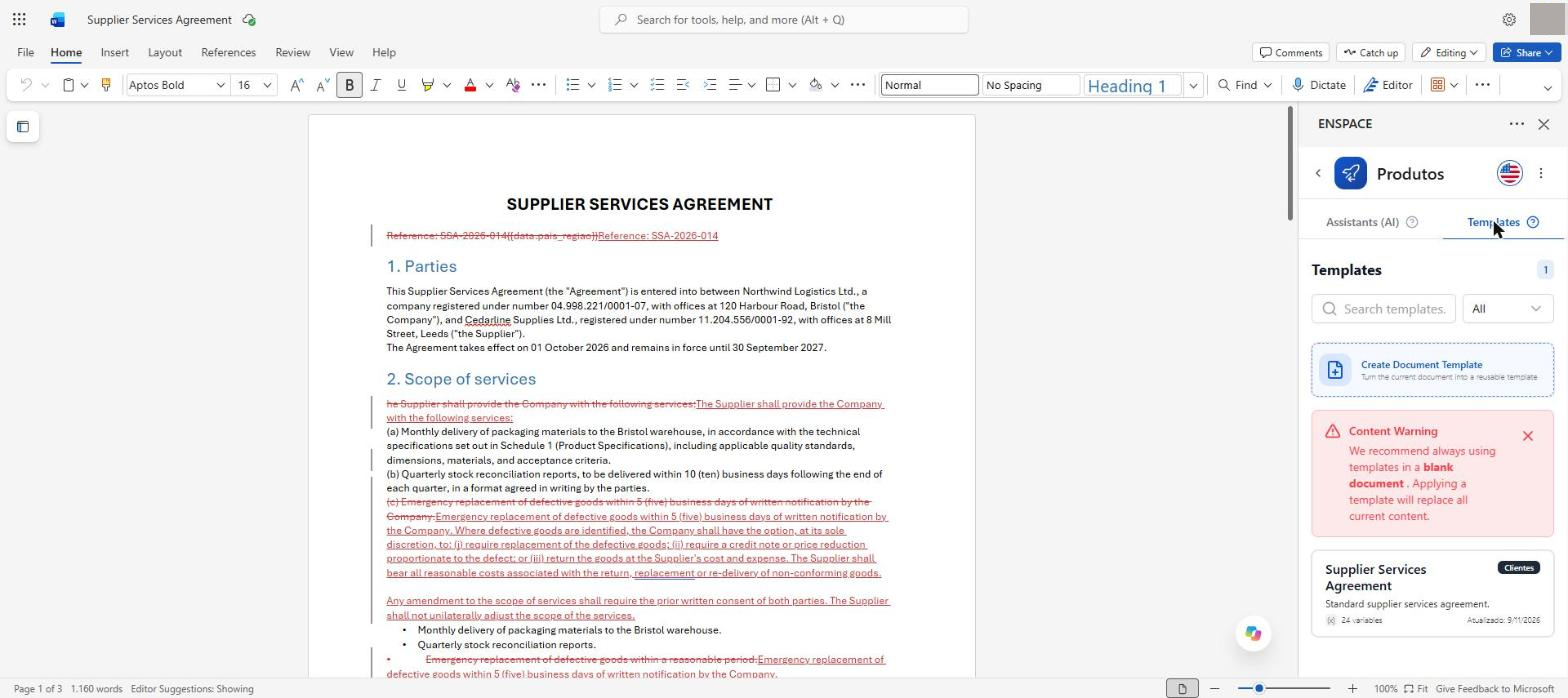 The Templates tab gathers the document templates published in the workspace, with search and filter by category. The Content Warning at the top warns that applying a template replaces the whole document