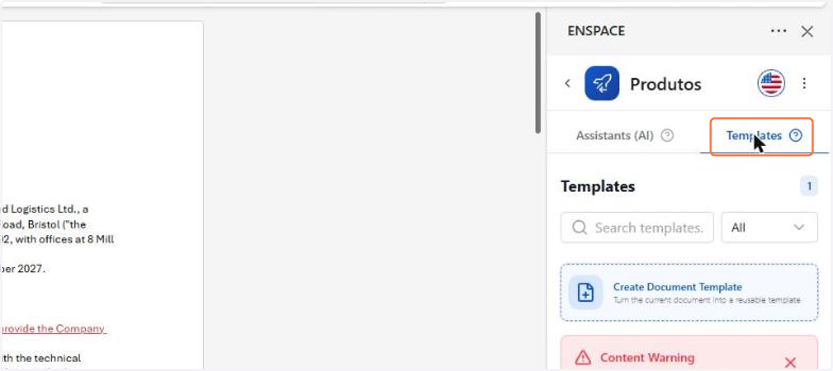 The Templates tab gathers the document templates published in the workspace, with search and filter by category. The Content Warning at the top warns that applying a template replaces the whole document