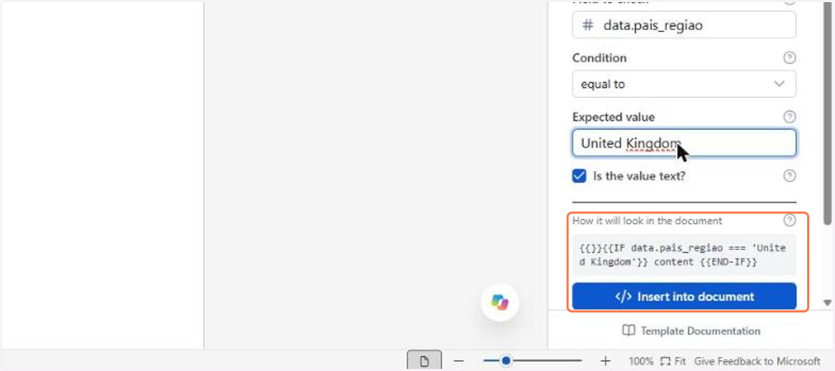 The How it will look in the document box shows the structure that will be generated. Click Insert into document to place it at the cursor position