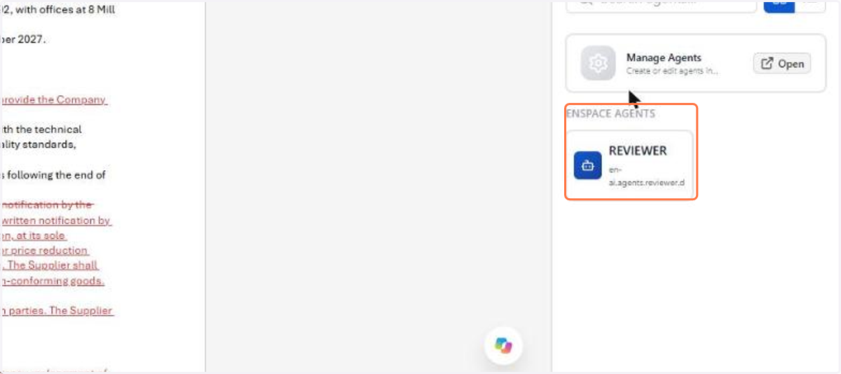 ENSPACE AGENTS holds the native agents, and the ones you created in the workspace appear in the same list. Click the agent that will review the document
