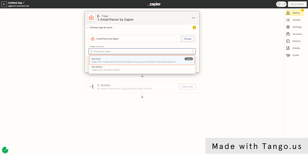 Selecting the Trigger event with the Zapier Email Parser