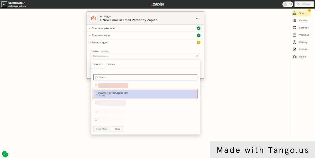Select the correct mailbox for Zapier Email Parser