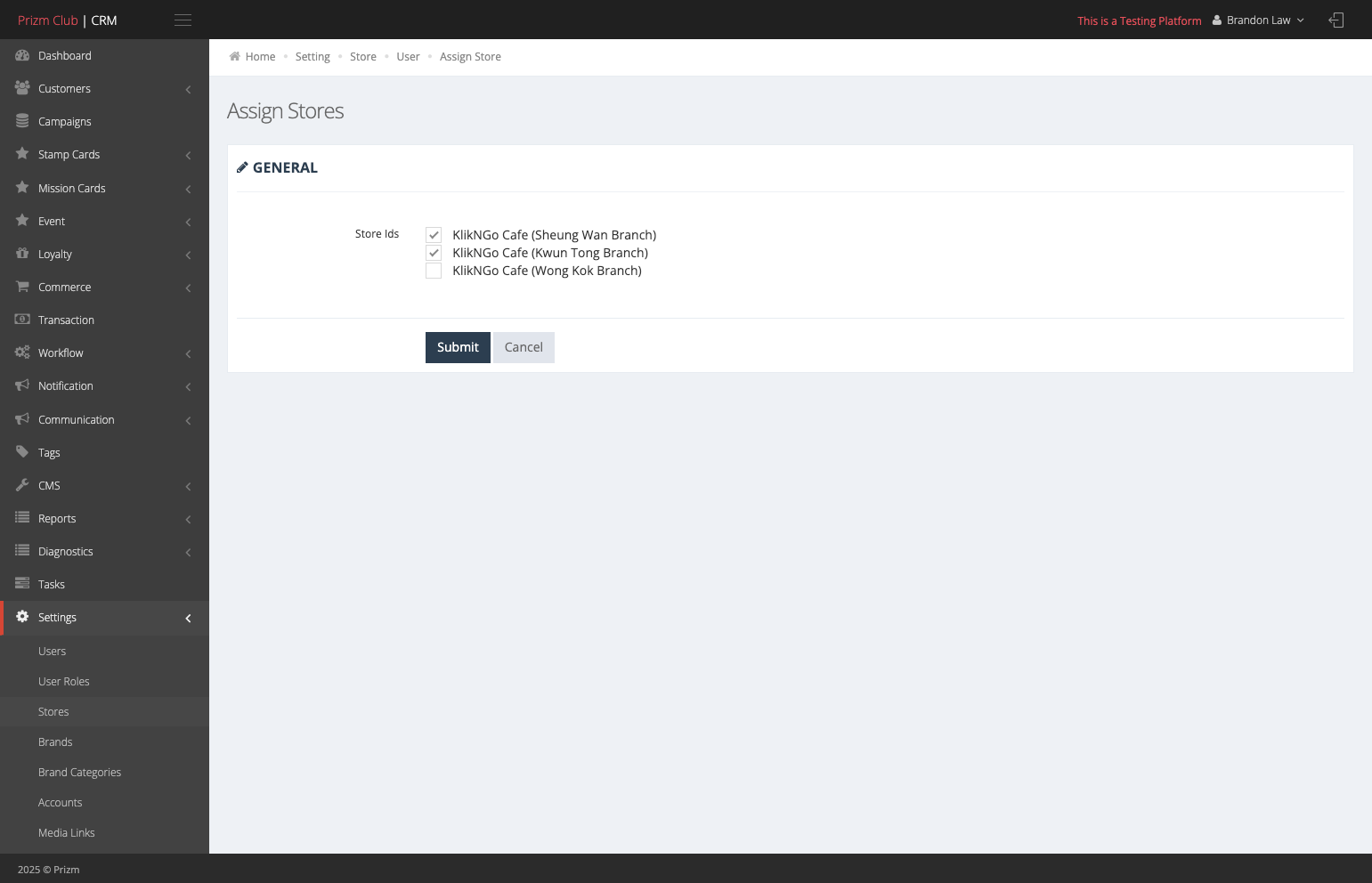 Check the store(s) to which you want to grant access.