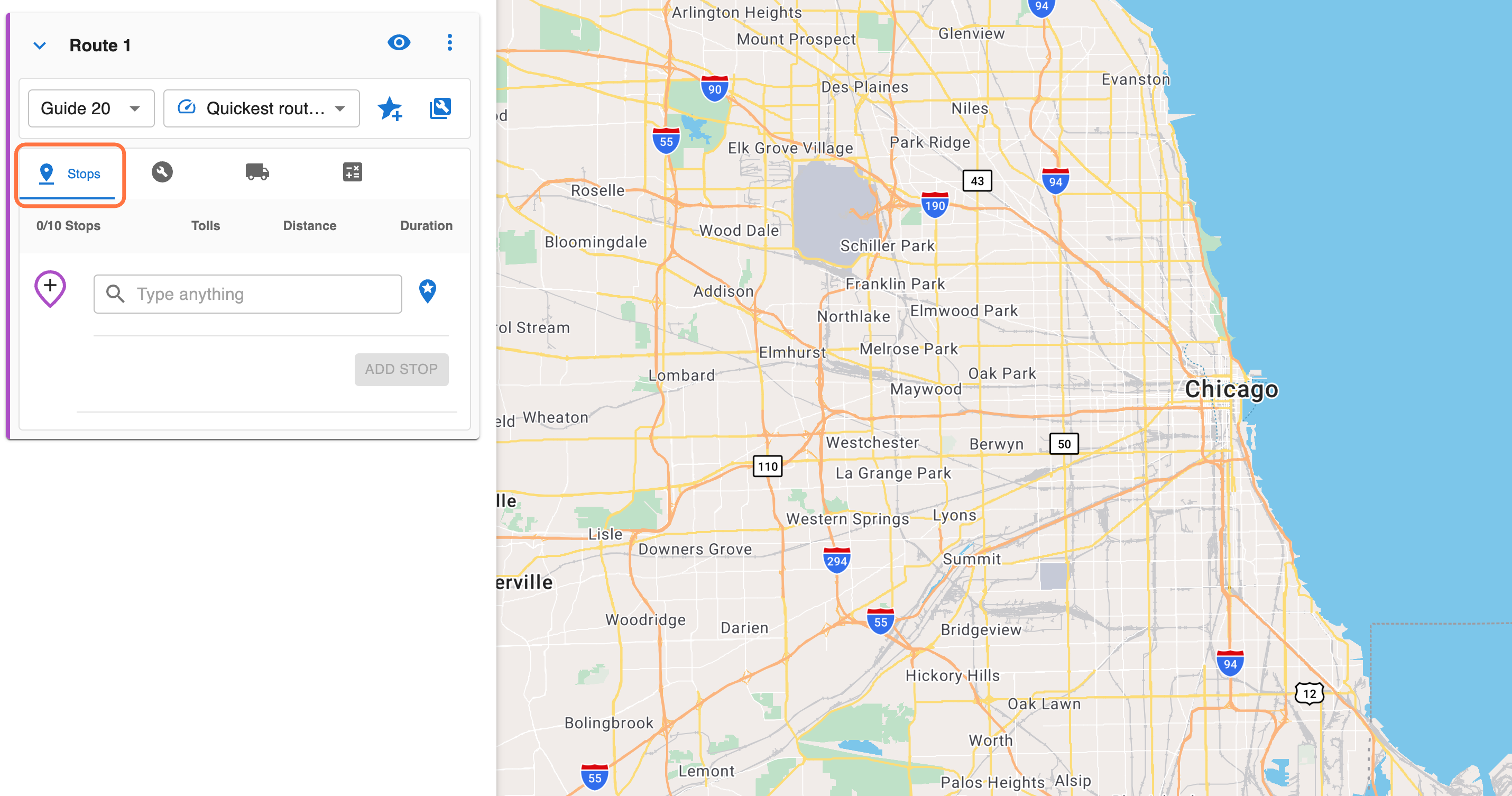 Click on the 'Stops' tab to enter your origin, destination, and up to 8 waypoints in between.