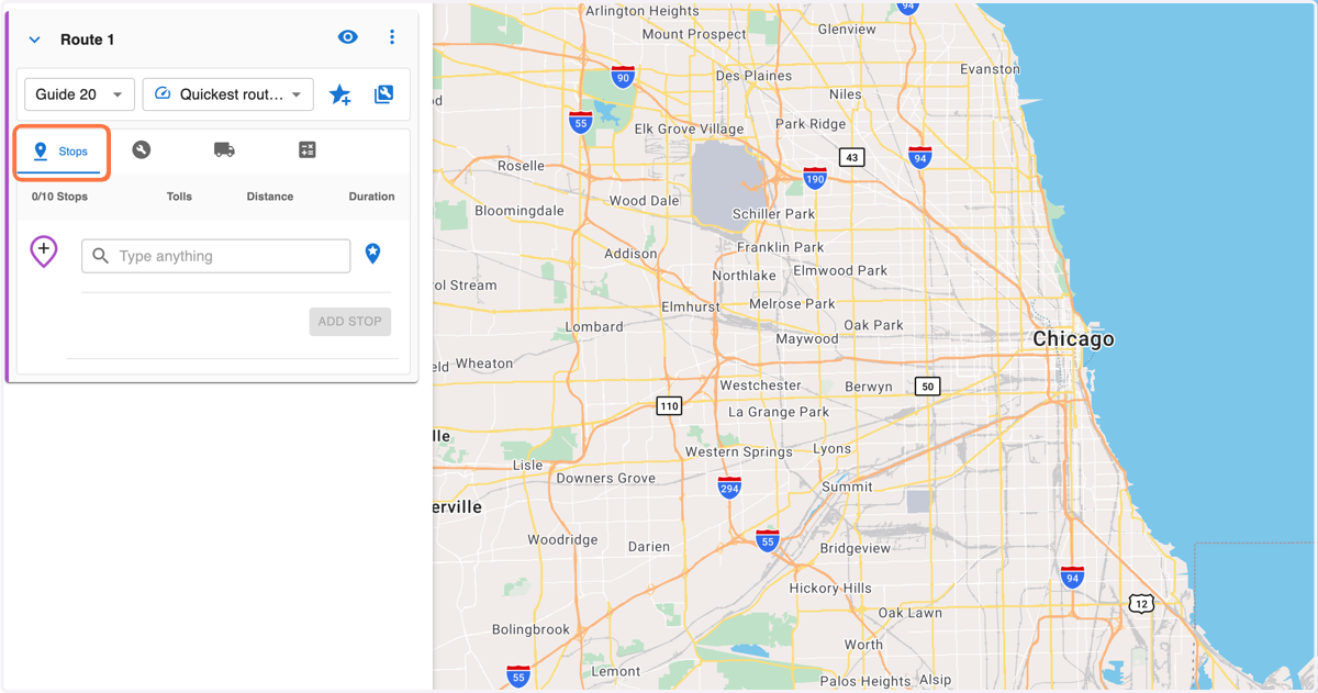 Click on the 'Stops' tab to enter your origin, destination, and up to 8 waypoints in between.