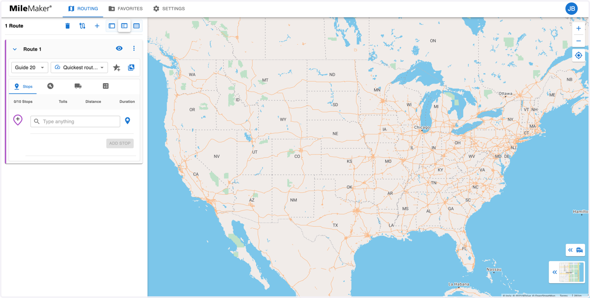 After logging in, you will be taken to the 'ROUTING' tab within MileMaker.