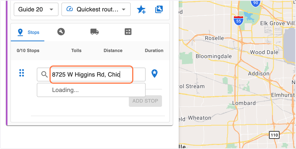 Use the search bar to enter the first stop.