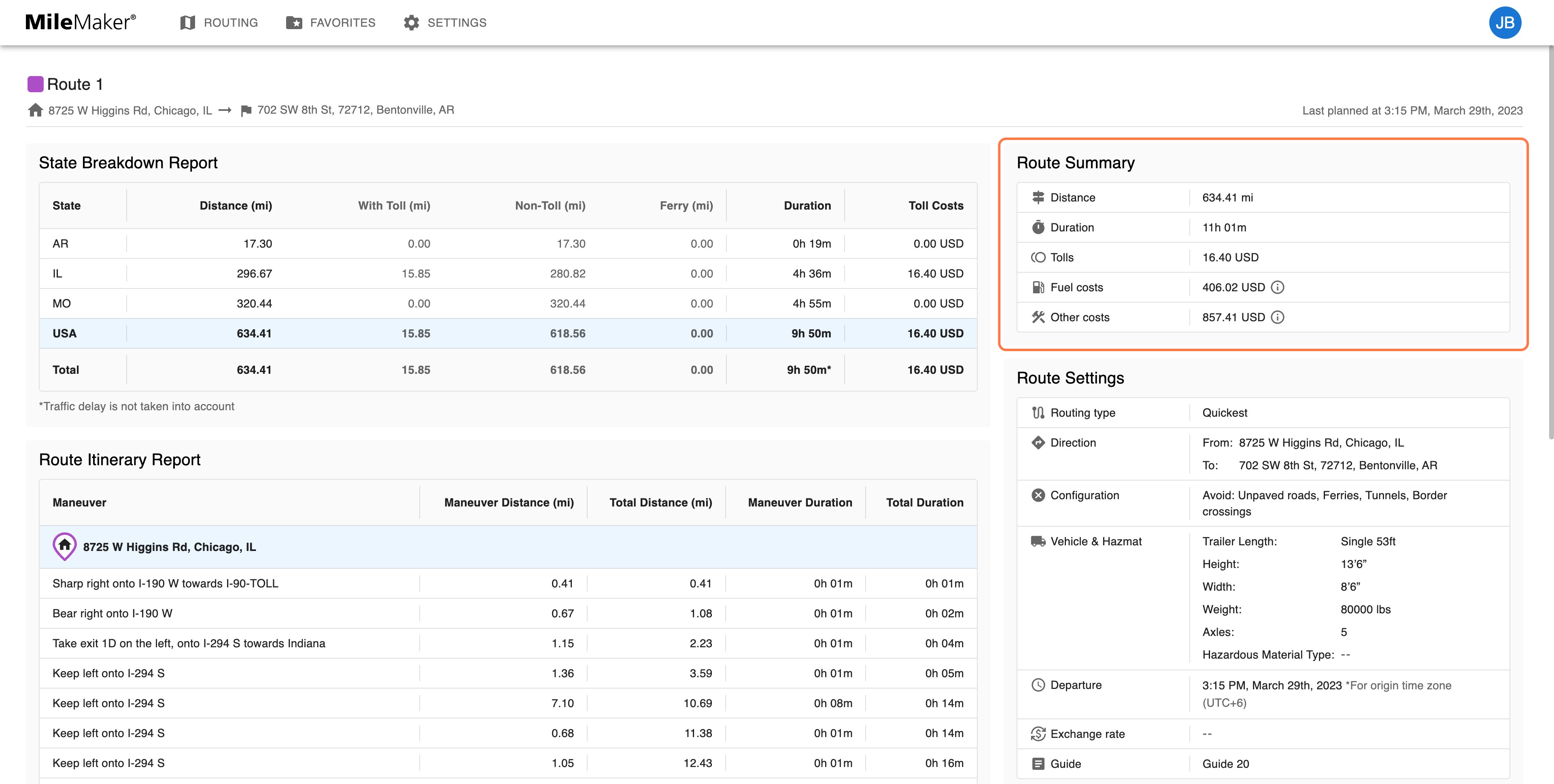 The Route Summary in the top right shows the same key statistics seen in the route panel on the previous screen.