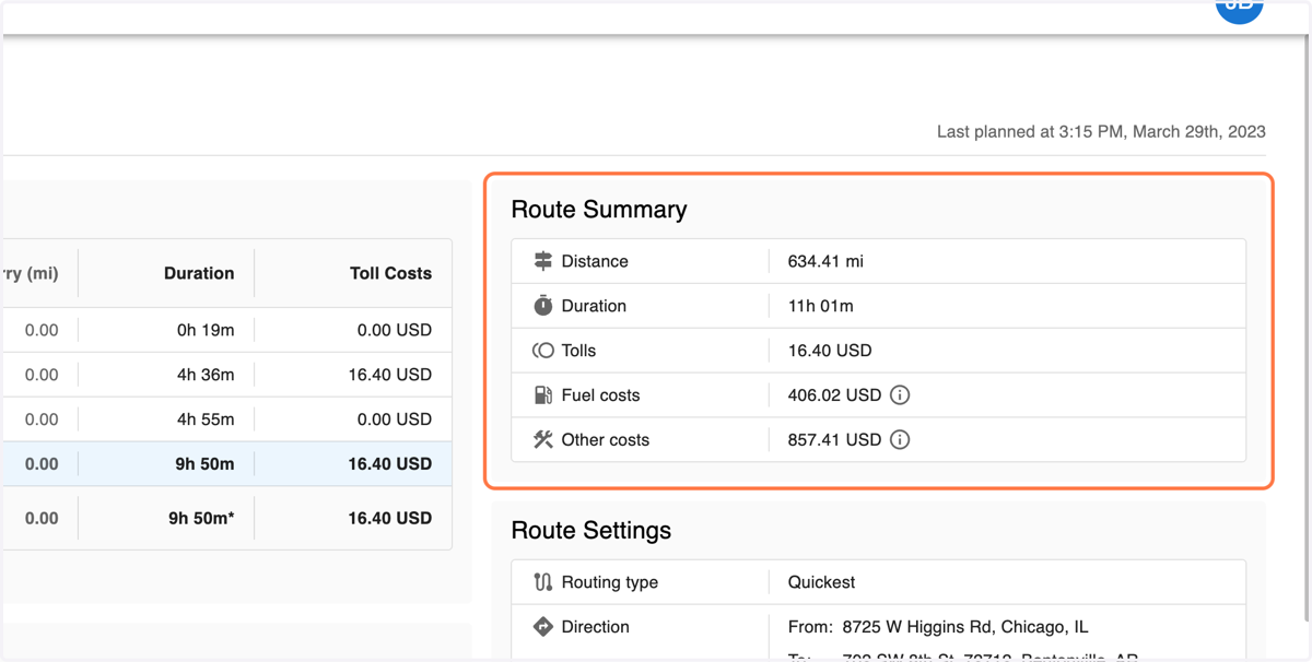 The Route Summary in the top right shows the same key statistics seen in the route panel on the previous screen.