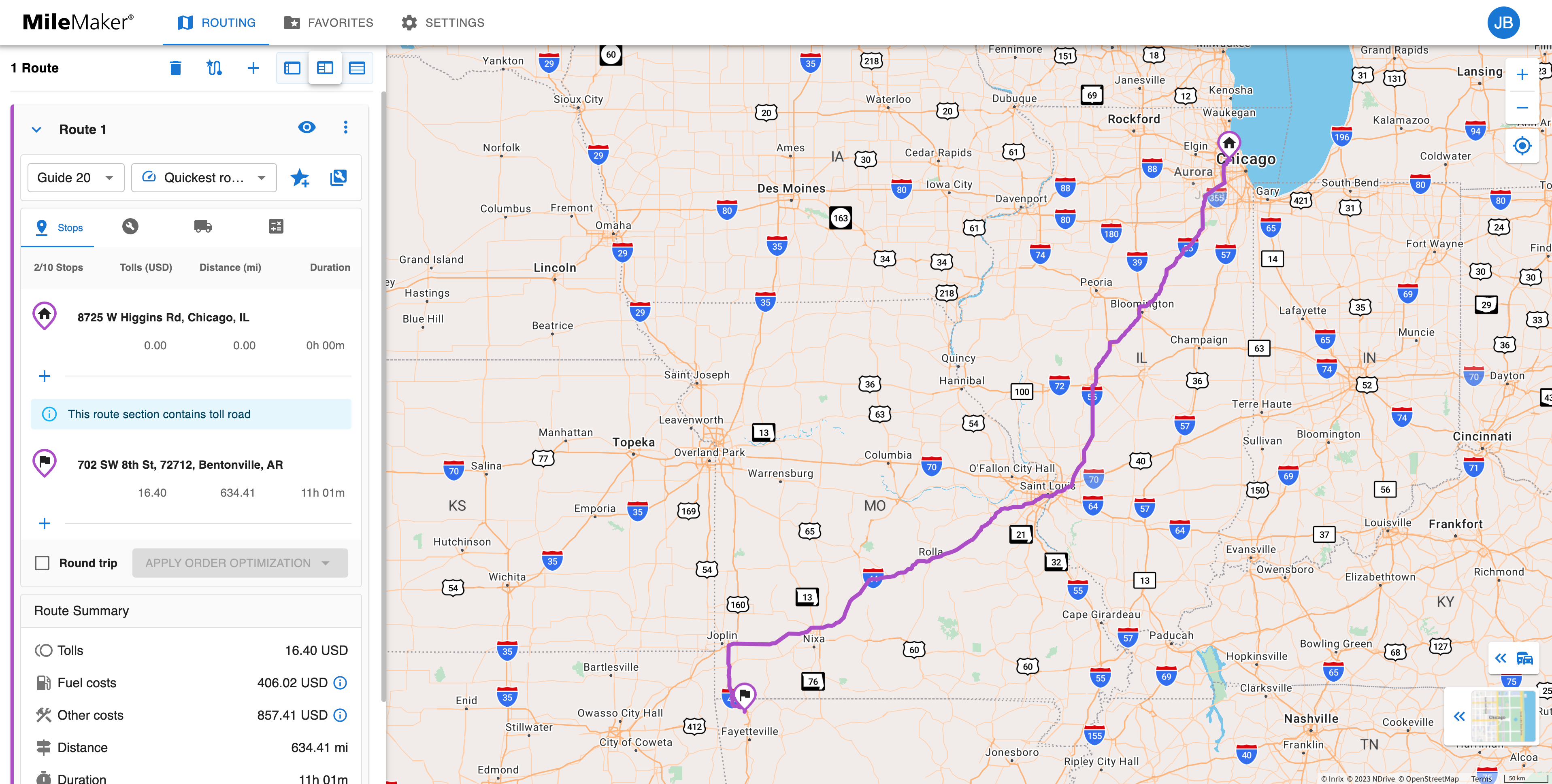 Once you have added 2 or more stops, a route will automatically be calculated based on your selected route settings.