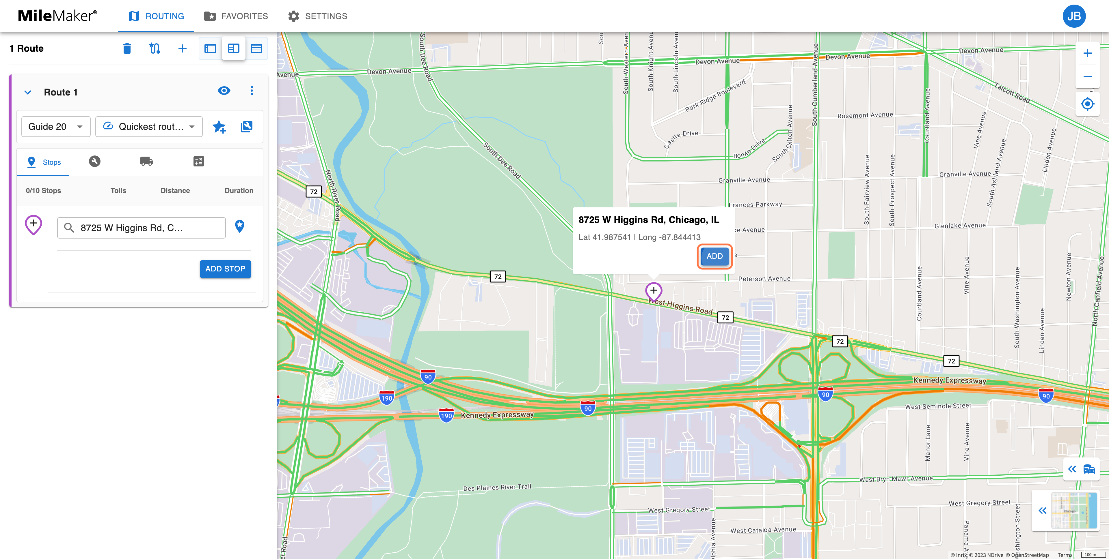 Confirm that the location is correct on the map, and then click 'ADD' to add the stop to your route.