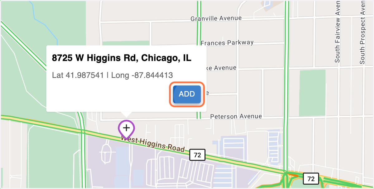 Confirm that the location is correct on the map, and then click 'ADD' to add the stop to your route.