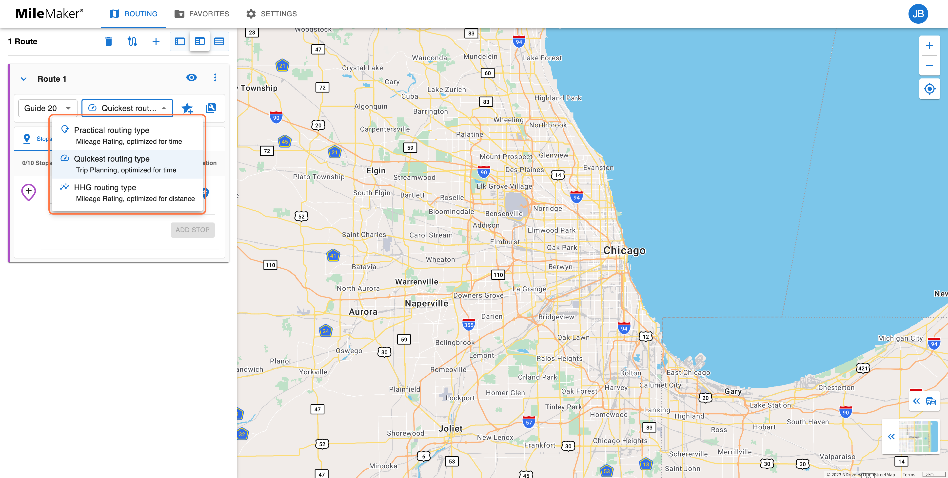 Click on the Routing Type dropdown to select between Practical, Quickest, and Household Goods (HHG) routing types.