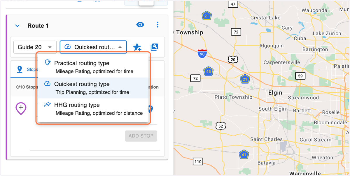 Click on the Routing Type dropdown to select between Practical, Quickest, and Household Goods (HHG) routing types.
