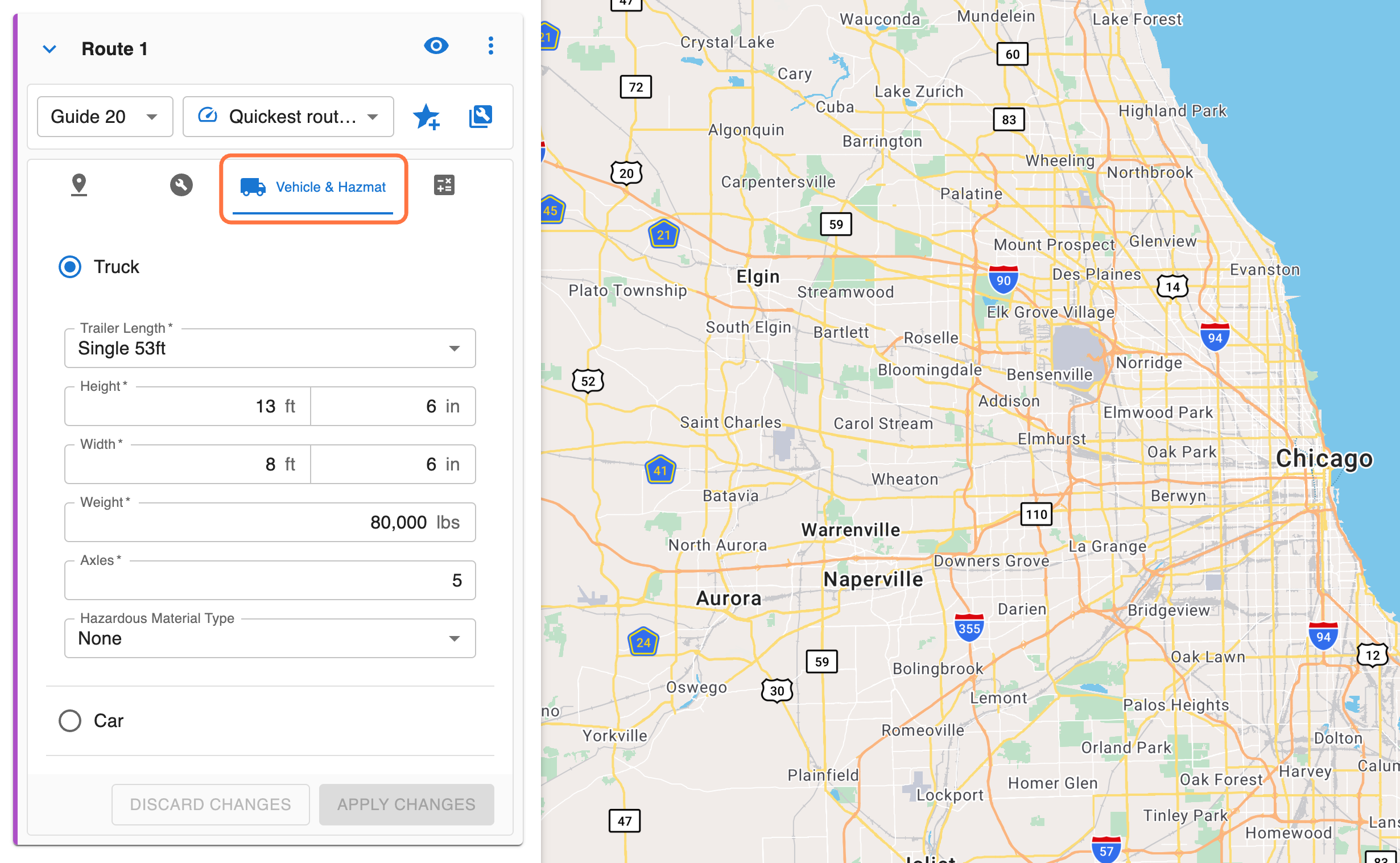 Click on the 'Vehicle & Hazmat' tab to specify Trailer Dimensions, Weight, Axles, and Hazmat categories.