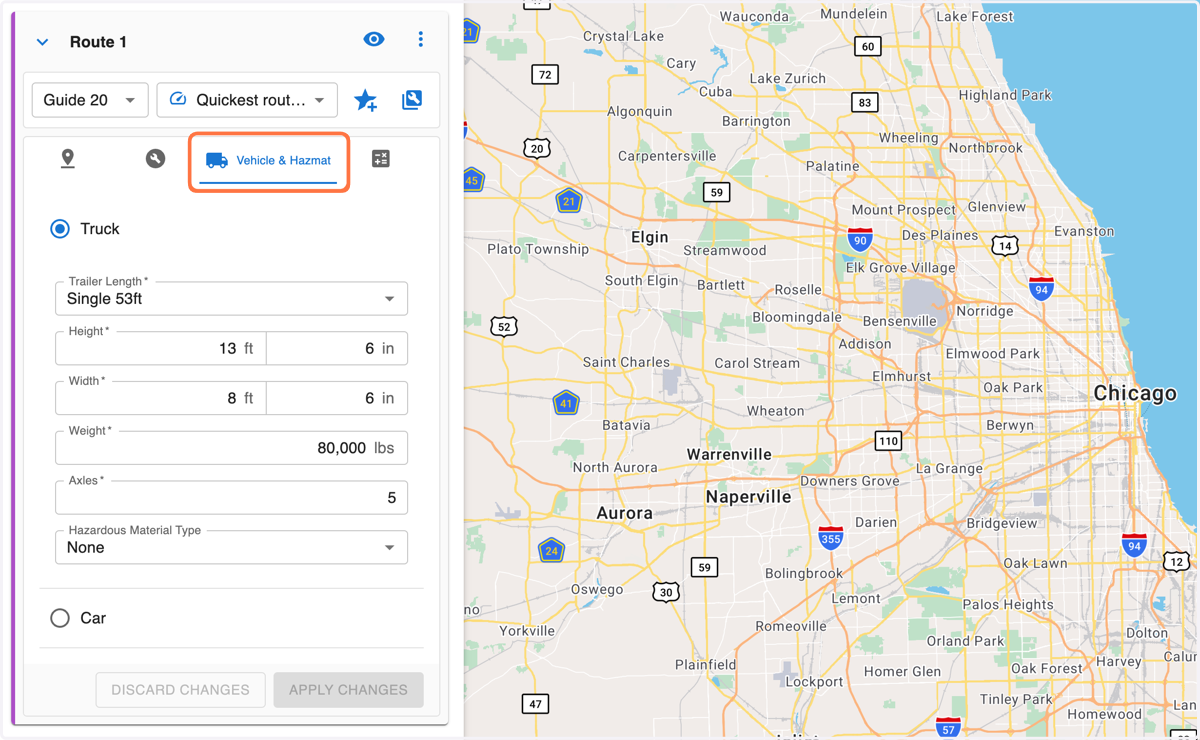 Click on the 'Vehicle & Hazmat' tab to specify Trailer Dimensions, Weight, Axles, and Hazmat categories.