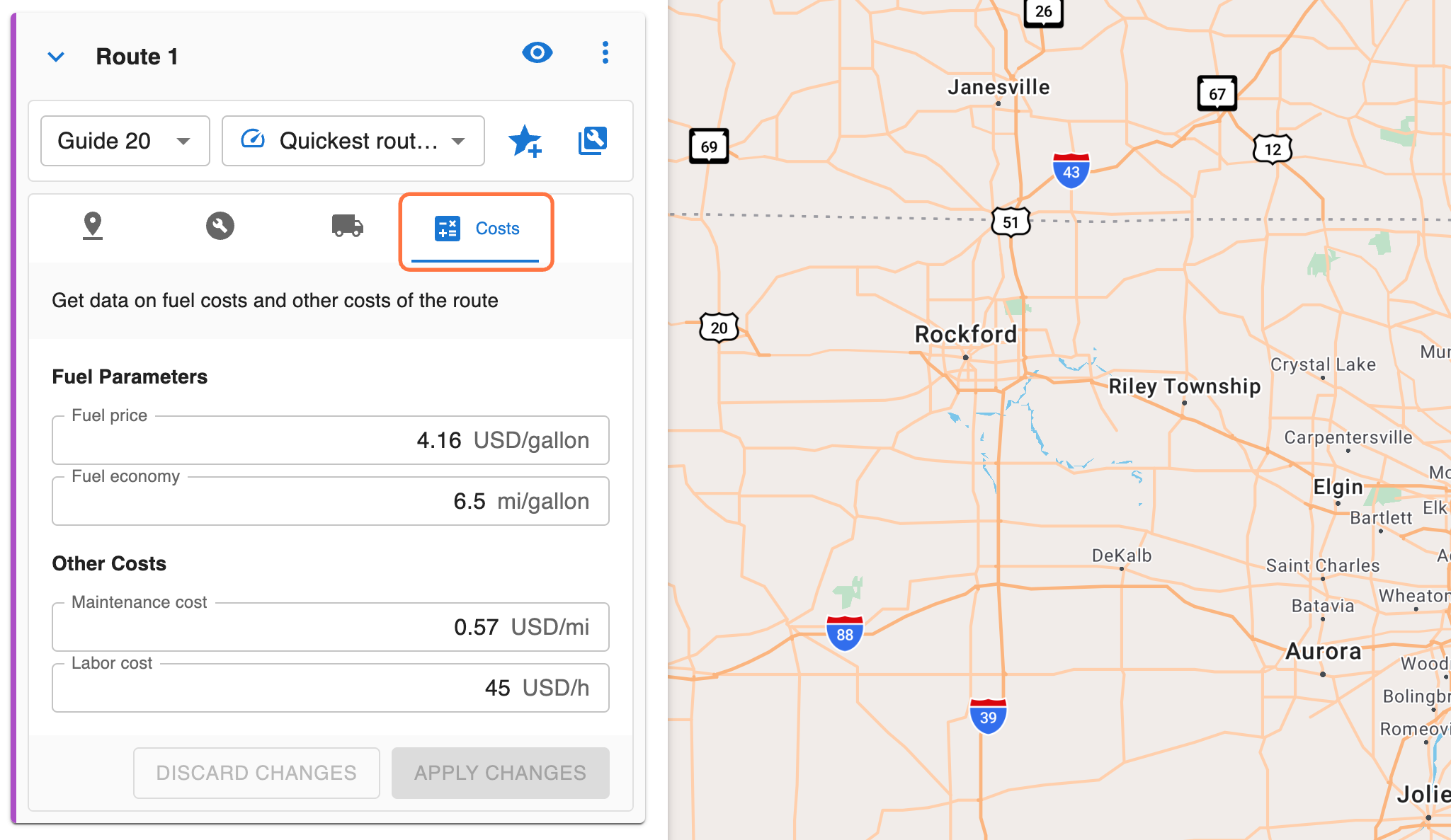 Click on the 'Costs' tab to specify Fuel price, Fuel economy, Maintenance cost, and Labor costs.