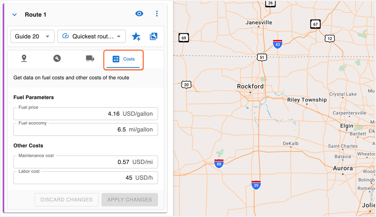 Click on the 'Costs' tab to specify Fuel price, Fuel economy, Maintenance cost, and Labor costs.
