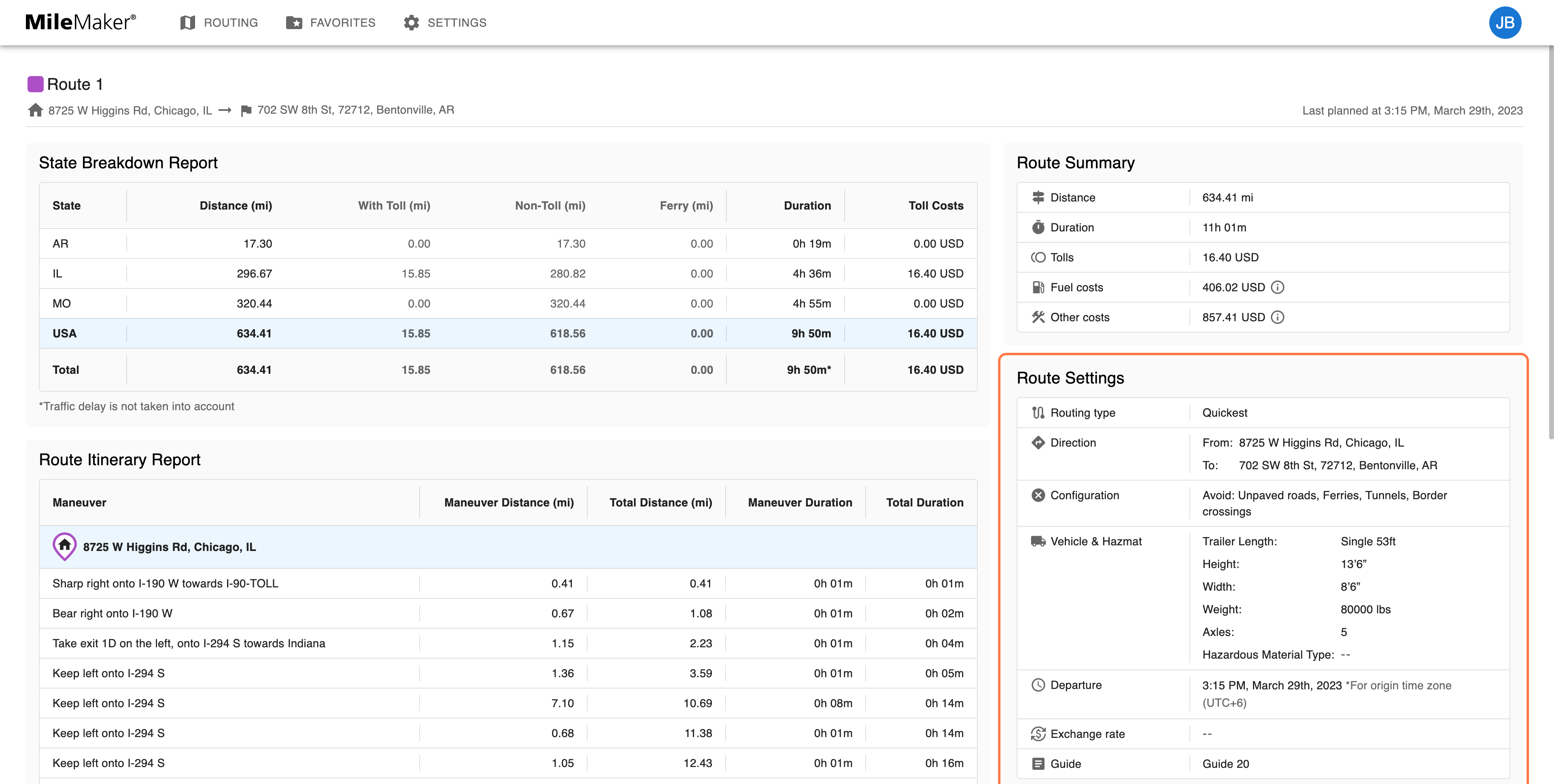The Route Settings section shows the settings and configurations used to calculate this route.