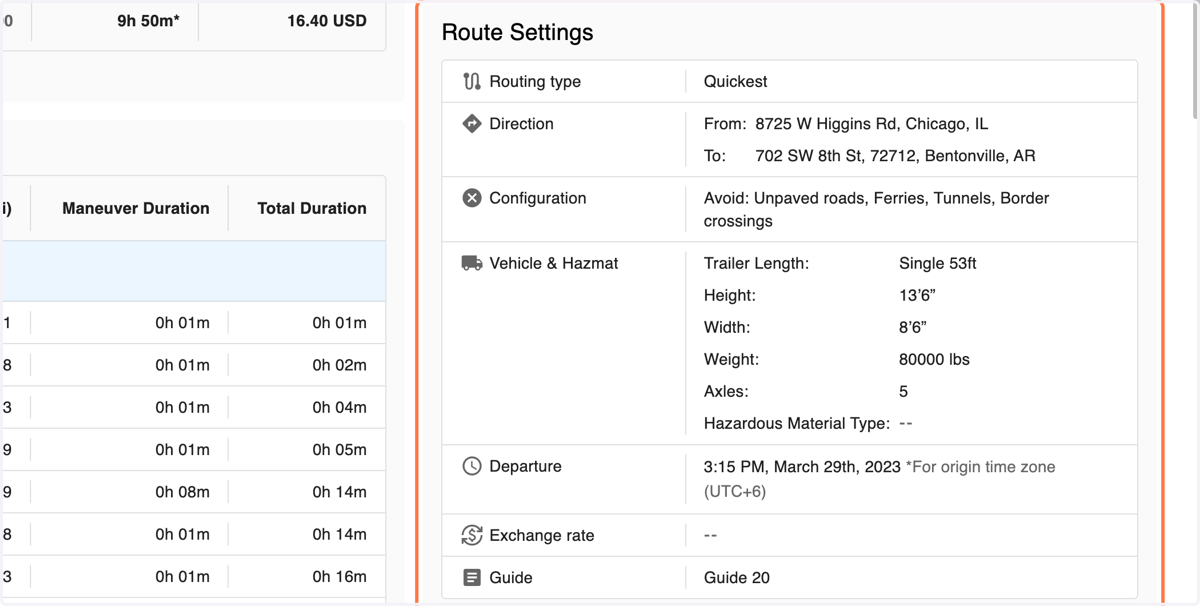 The Route Settings section shows the settings and configurations used to calculate this route.