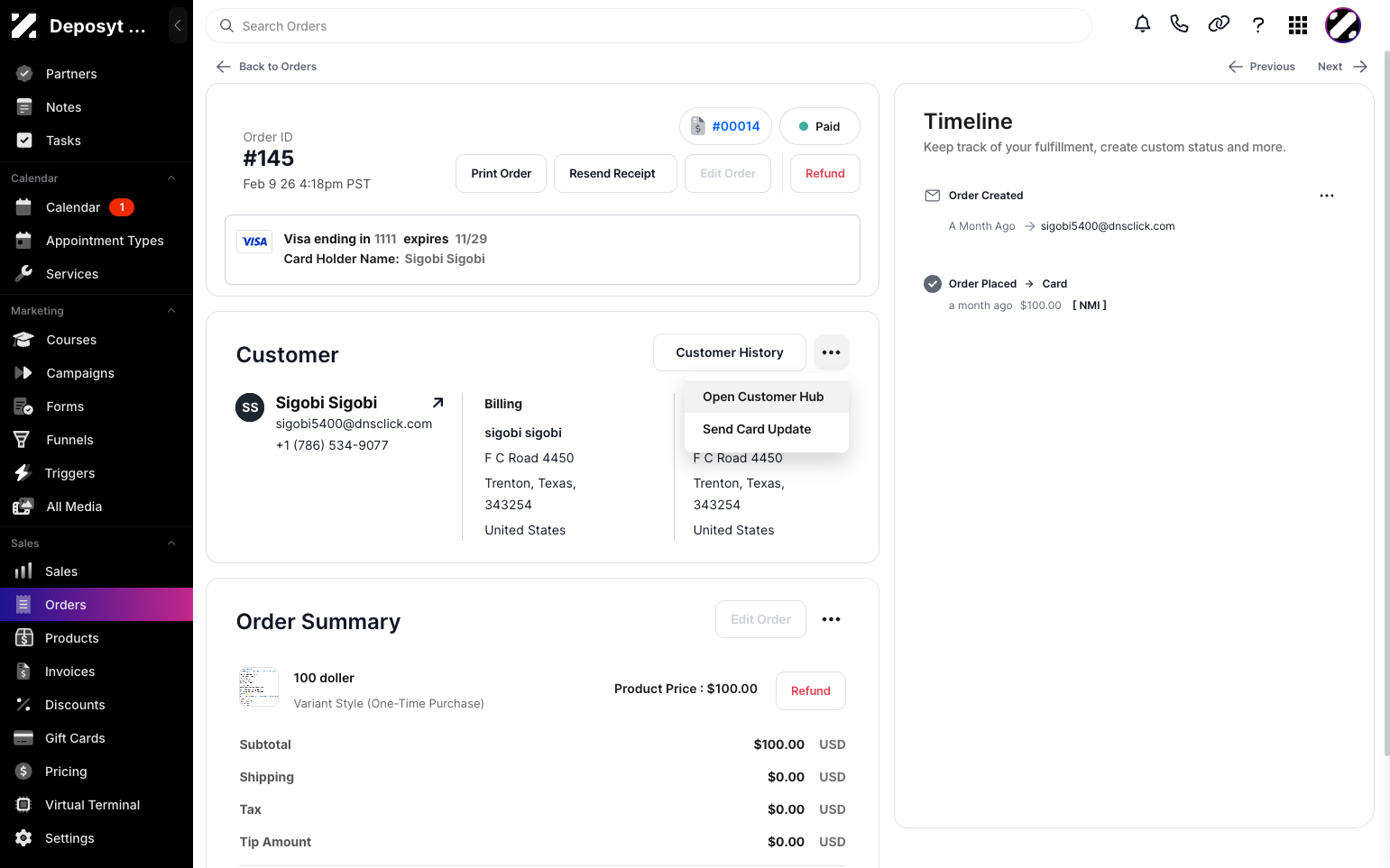 Step 3: You will now see the Order Summary. Under the Customer section, click the three-dot menu and select Open Customer Hub.