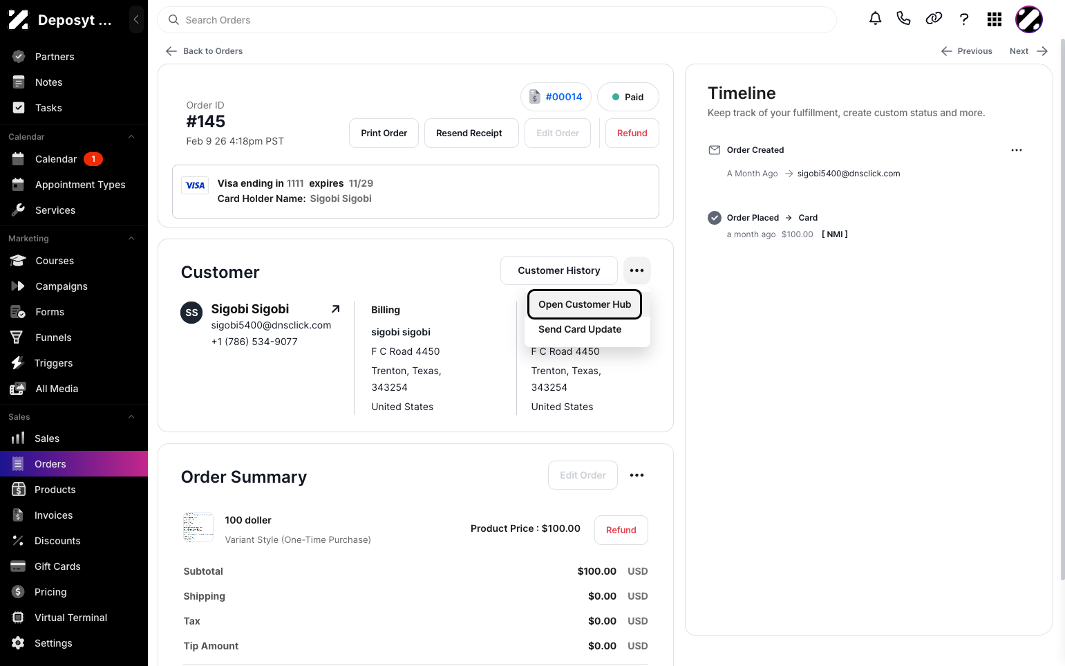 Step 3: You will now see the Order Summary. Under the Customer section, click the three-dot menu and select Open Customer Hub.