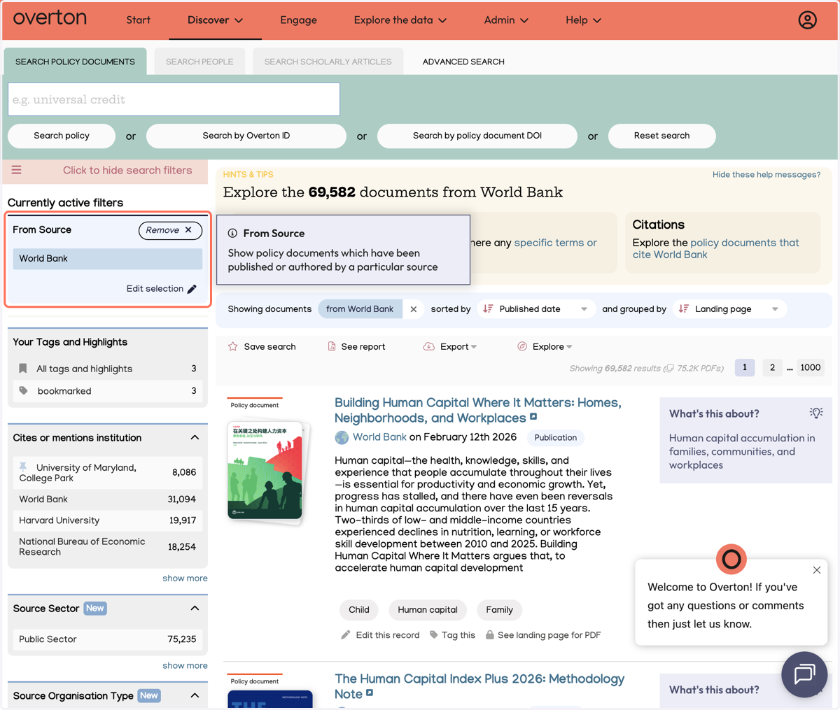 And you can now view all of the policy documents published by your source. Save the search, see a report, export your results, or explore more.