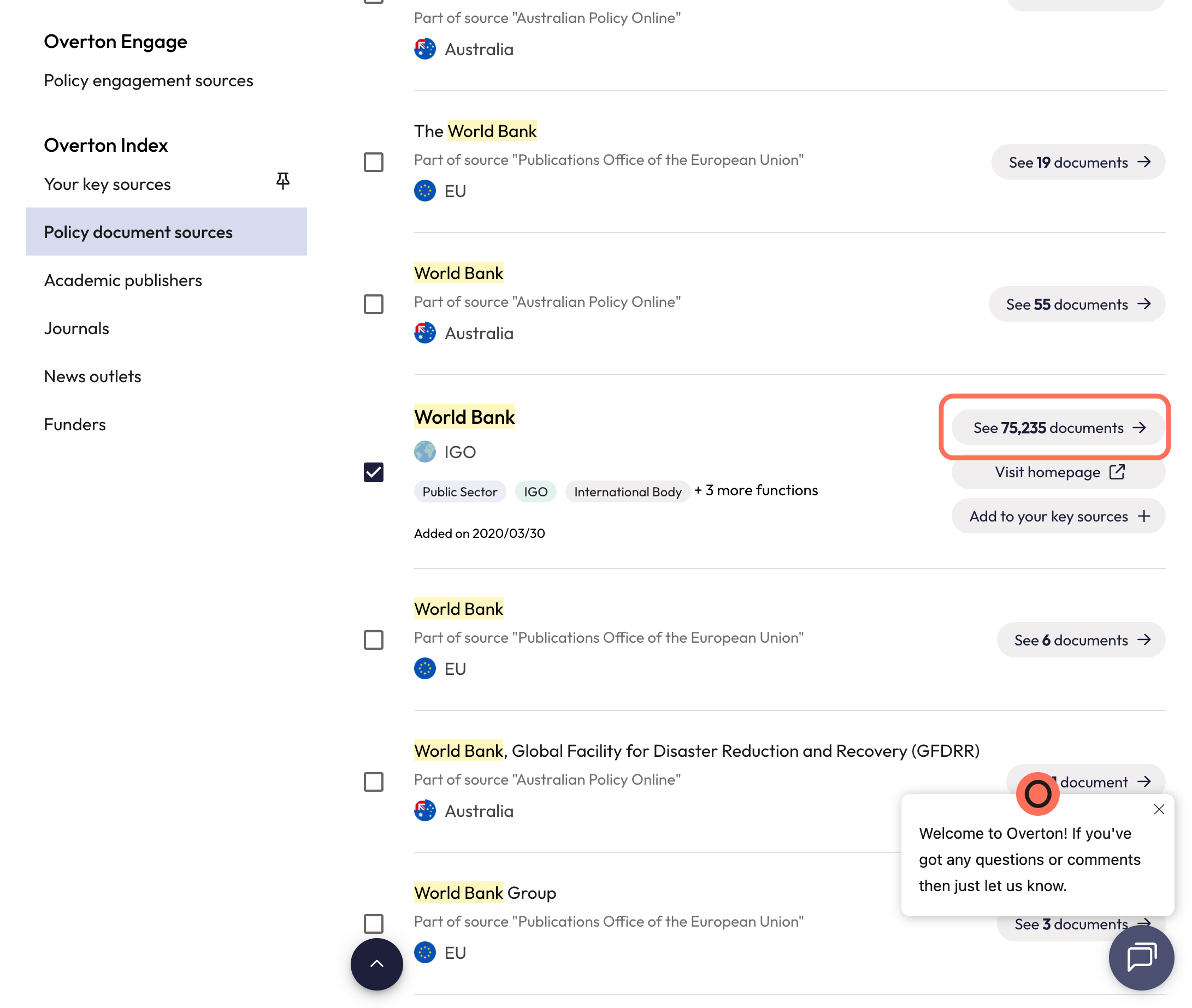 Once you find the policy source you are looking for, click "See documents" to see all of the policy documents published by this policy source.