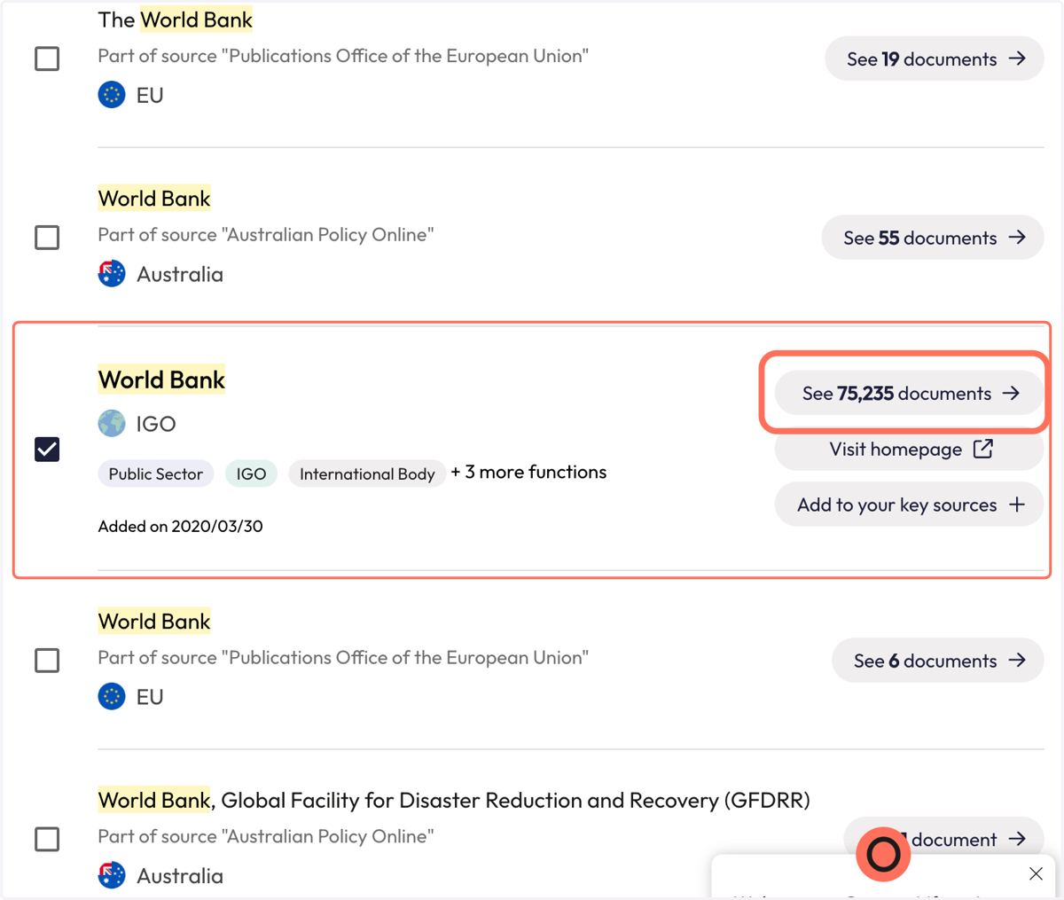 Once you find the policy source you are looking for, click "See documents" to see all of the policy documents published by this policy source.