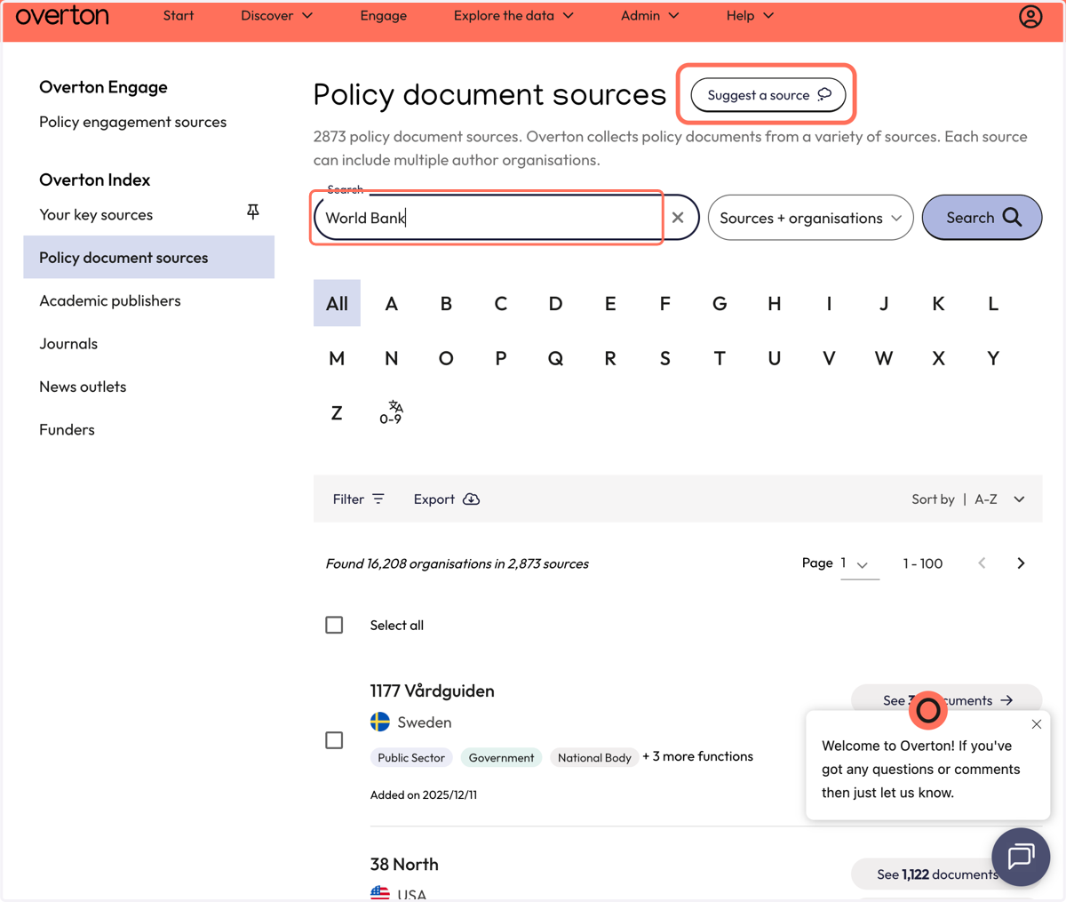 Search for an organisation (ex. "World Bank") to see if we Index it and view the results. You can also "Suggest a source" if we don't index it yet!