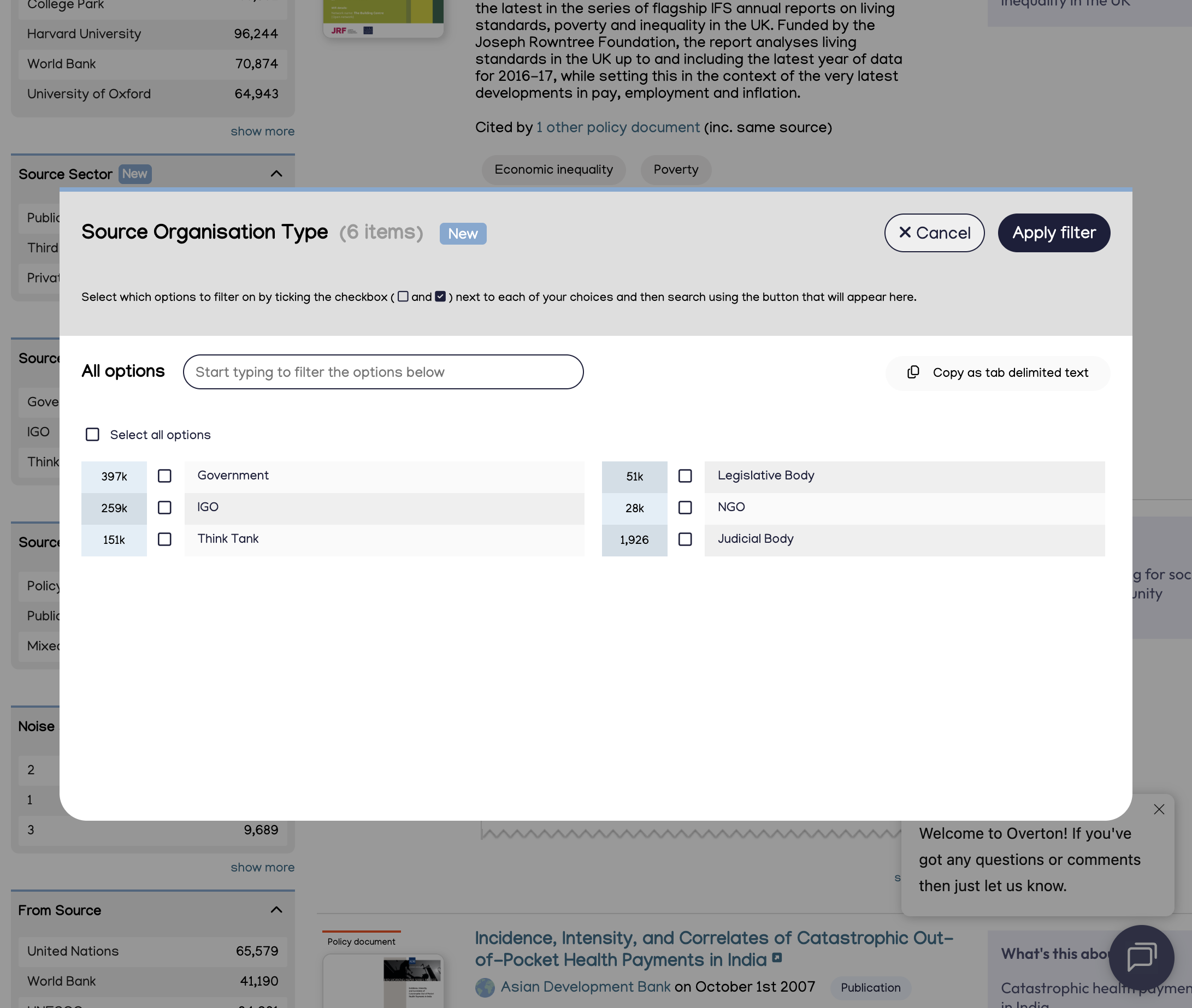 For example, under "Source Organisation Type," click "Government" to only see policy documents from Government sources.