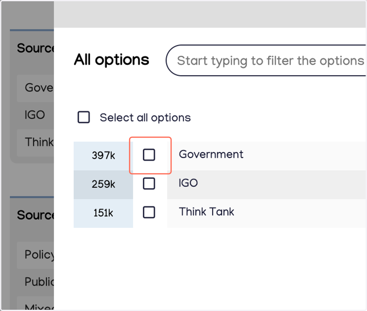 For example, under "Source Organisation Type," click "Government" to only see policy documents from Government sources.