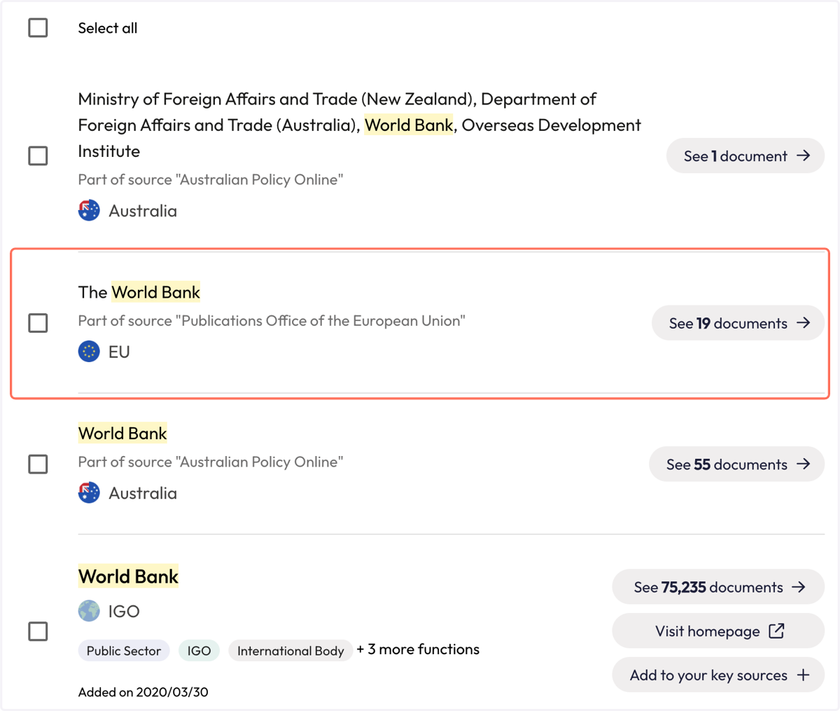 Your results may include organisations that are part of a policy source. For example, "The World Bank" is also an organisation within the Publications Offie of the European Union.