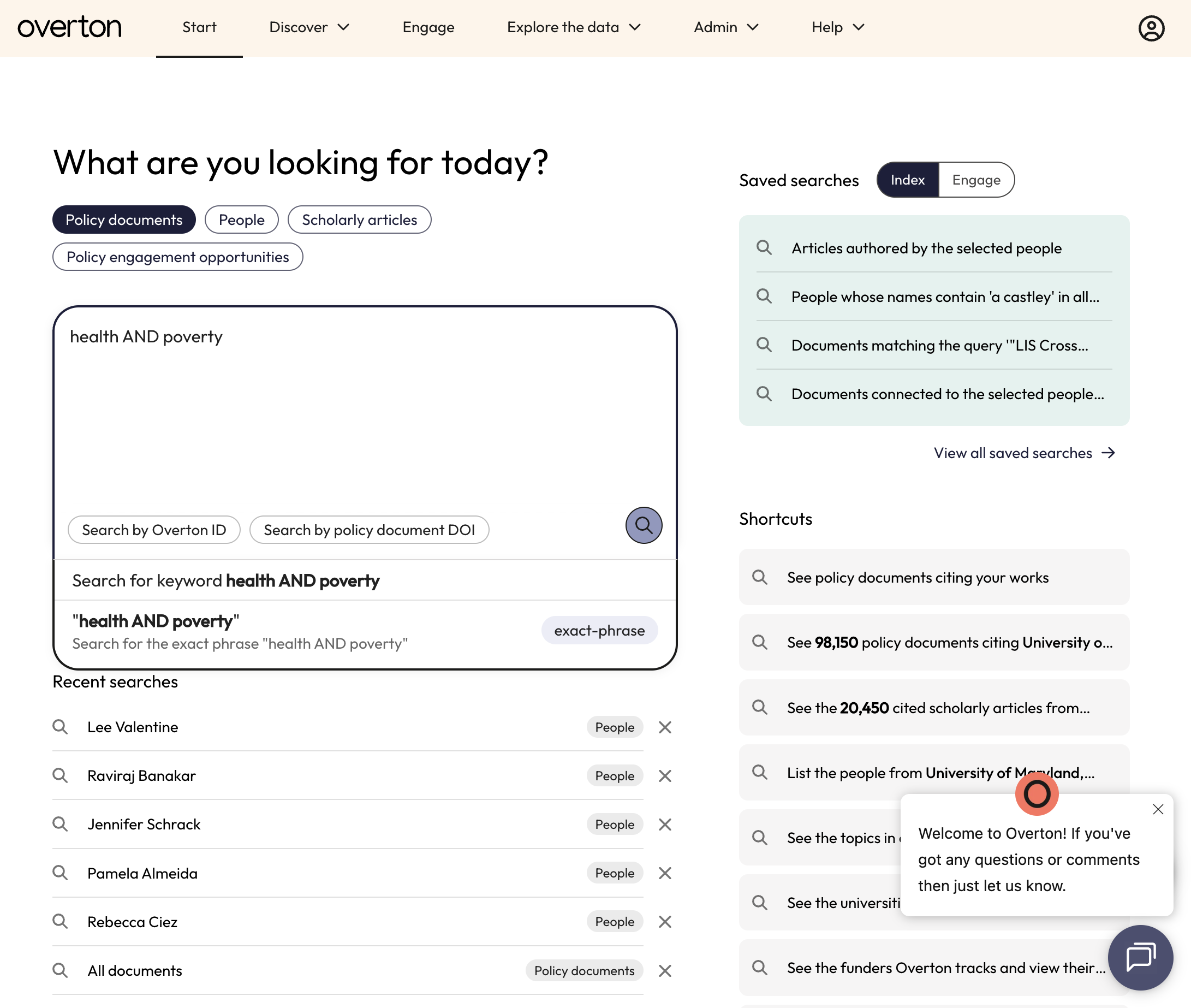 Click on the Search icon without entering keywords to look at Overton's entire set of policy documents.